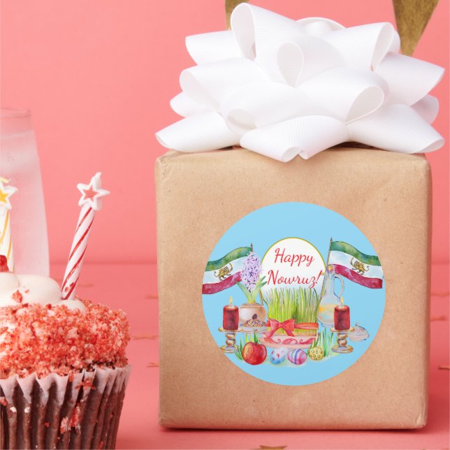 Happy Norooz Haft Sin with Lion and Sun Flags Runder Aufkleber (Party)