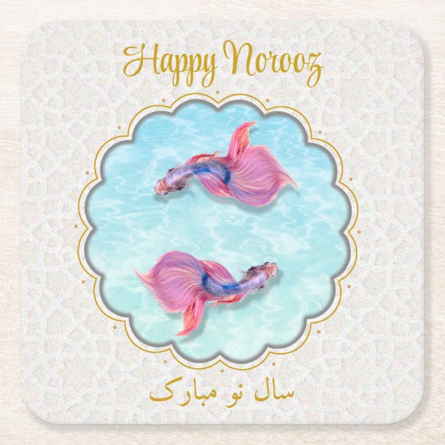 Happy Noroz Mubarak Farbenfrohe Fische Orientale M Rechteckiger Pappuntersetzer (Vorderseite)