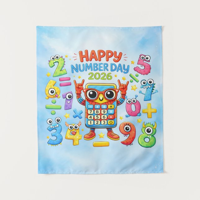 Happy Number Day 2026 Cute Maths Poster for Kids Wandteppich (Vorderseite)
