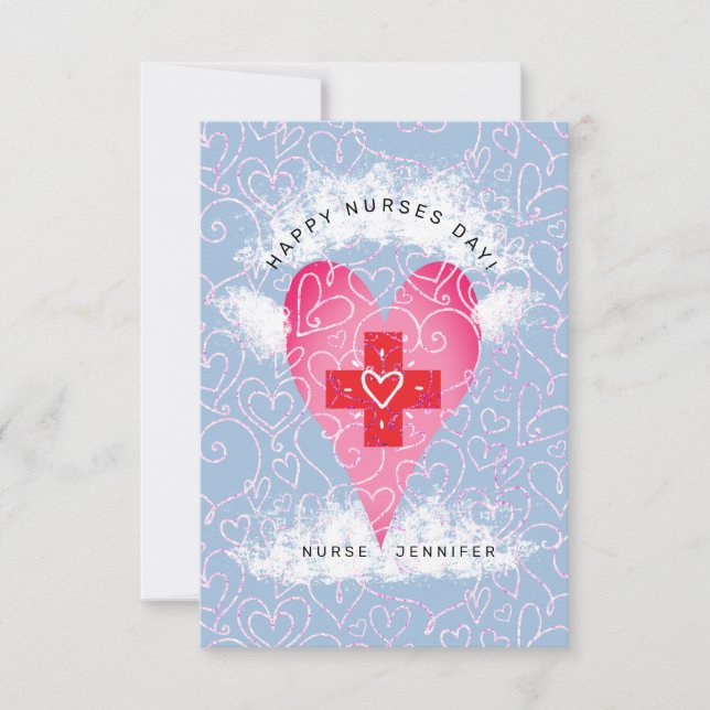 Happy Nurses Day Blue Pink Heart Personalisiert Dankeskarte (Vorderseite)