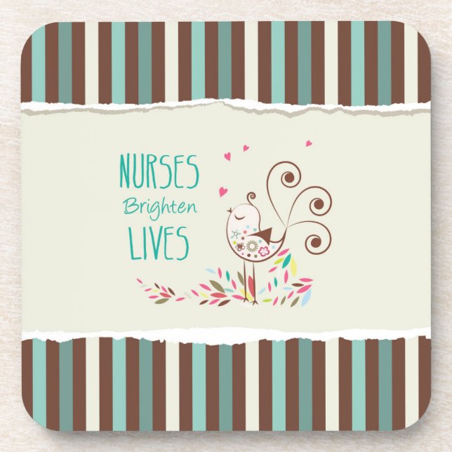 Happy Nurses Day, Niedlicher Vogel auf Streifen Getränkeuntersetzer (Vorderseite)