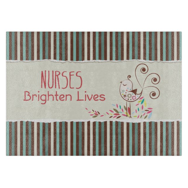 Happy Nurses Day, Niedlicher Vogel auf Streifen Schneidebrett (Vorderseite)