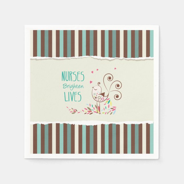 Happy Nurses Day, Niedlicher Vogel auf Streifen Serviette (Vorderseite)