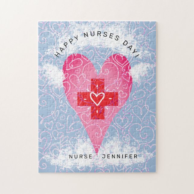 Happy Nurses Day Pink Heart with Wings Personalize Puzzle (Vertikal)
