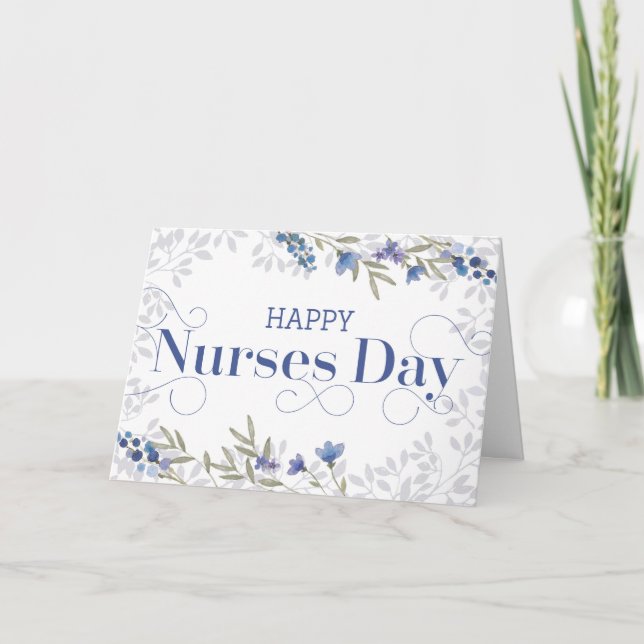 Happy Nurses Day - Wirbler Text und Blume - Blau Dankeskarte (Vorderseite)