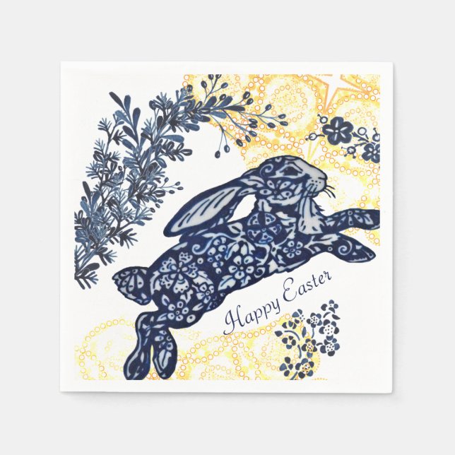 Happy Oaster Blue White Yellow Rabbit Chinoiserie Serviette (Vorderseite)