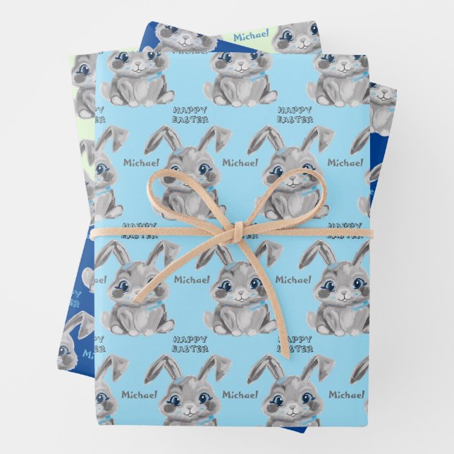 Happy Oaster Boys Bunny Rabbit blau und grün Geschenkpapier Set (Beispiel)