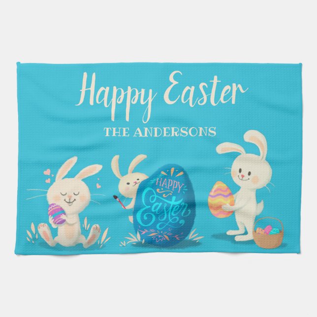 Happy Oaster Bunnies und Ostereier Personalisiert Geschirrtuch (Horizontal)
