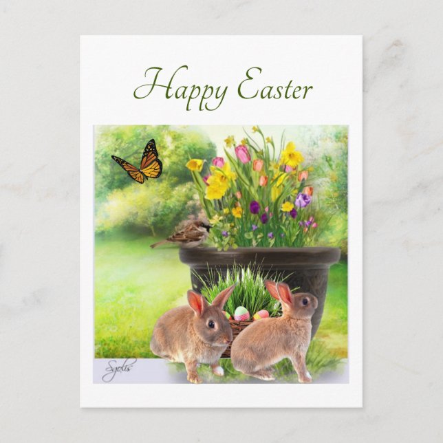 Happy Oaster Bunny and Spring Blumen Postkarte (Vorderseite)