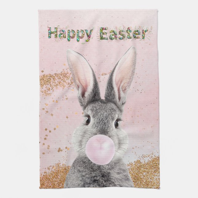 Happy Oaster Bunny blies Pink Bubble Gum Geschirrtuch (Vertikal)