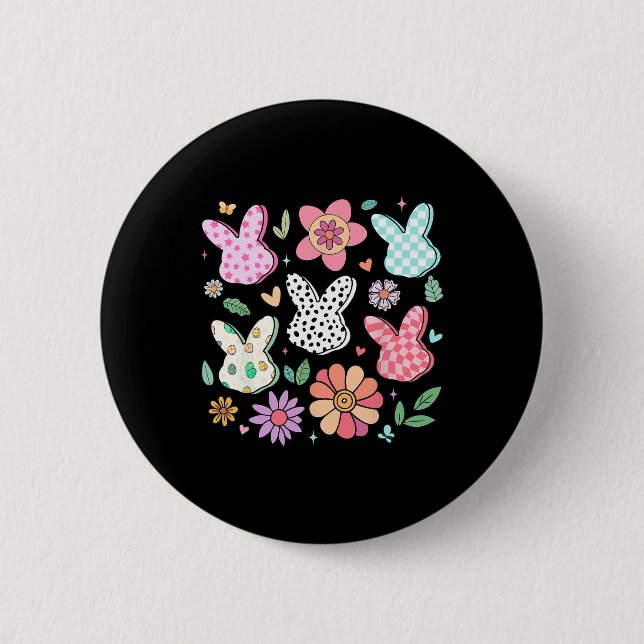 Happy Oaster Bunny Boho Floral Kariert Bunny Rabbi Button (Vorderseite)