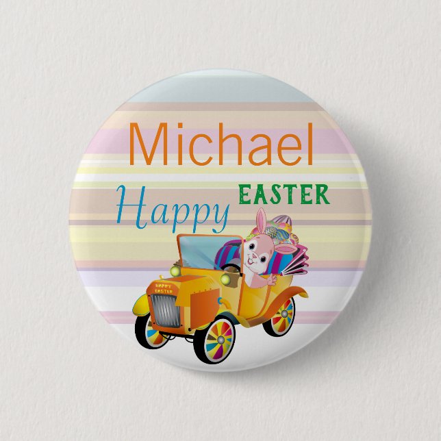 Happy Oaster Bunny Car Personalisiert Name Kinder Button (Vorderseite)