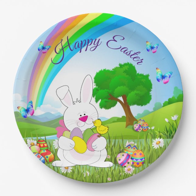 Happy Oaster Bunny Cfarbred Eggs Niedlich Pappteller (Vorderseite)