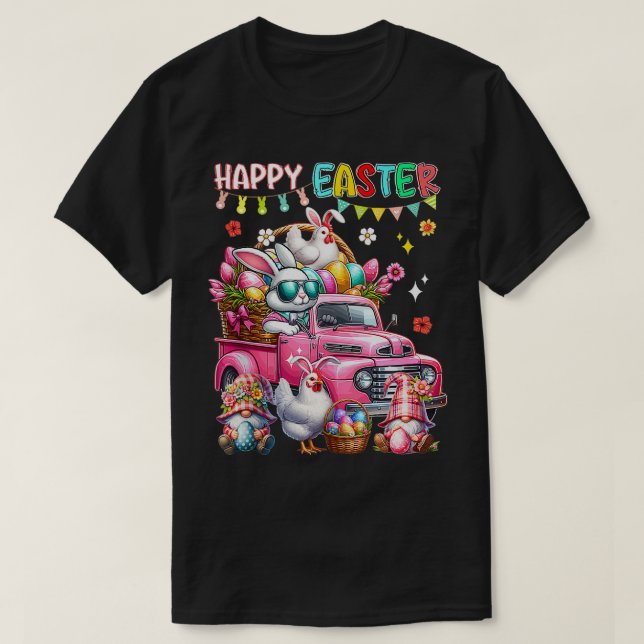 Happy Oaster Bunny Chicken on Truck Gnomes Jagd T-Shirt (Design vorne)