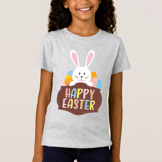 Happy Oaster Bunny Colorful Eggs Children's T-Shirt (Vorderseite)