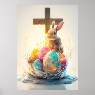 Happy Oaster Bunny Cross Religion Poster