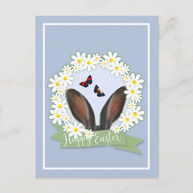 Happy Oaster Bunny Ears Daisies Wreath Postkarte (Vorderseite)