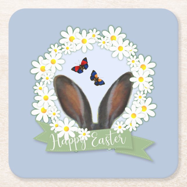 Happy Oaster Bunny Ears Daisies Wreath Rechteckiger Pappuntersetzer (Vorderseite)