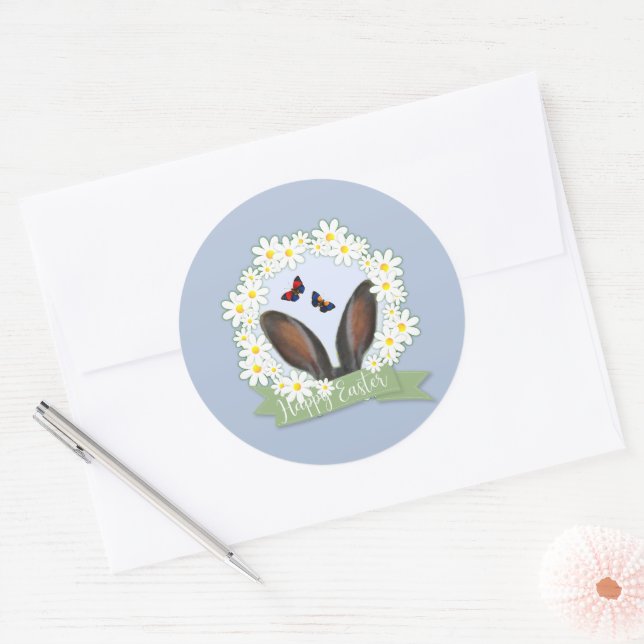 Happy Oaster Bunny Ears Daisies Wreath Runder Aufkleber (Umschlag)