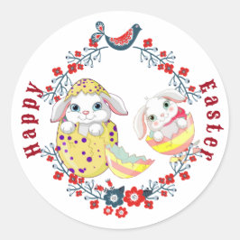 Happy Oaster Bunny Egg Floral Wreath Bird Runder Aufkleber