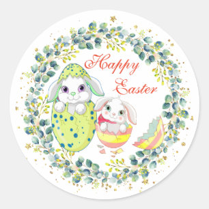 Happy Oaster Bunny Egg Green Kranz Foliage Runder Aufkleber