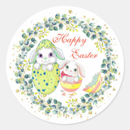 Happy Oaster Bunny Egg Green Kranz Foliage Runder Aufkleber
