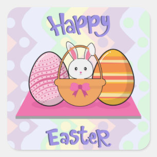 Happy Oaster Bunny Eggs Basket Niedlich Ostern Quadratischer Aufkleber