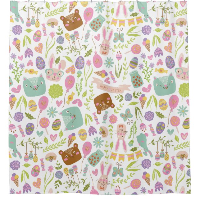Happy Oaster Bunny Floral Pattern Duschvorhang (Vorderseite)