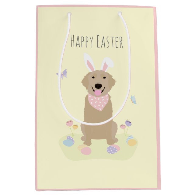 Happy Oaster Bunny Golden Retriever Mittlere Geschenktüte (Vorderseite)
