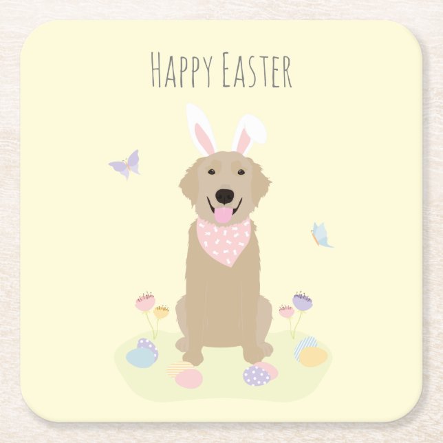 Happy Oaster Bunny Golden Retriever Rechteckiger Pappuntersetzer (Vorderseite)