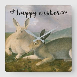 Happy Oaster Bunny Hare Couple Watercolor Vintag Quadratische Wanduhr
