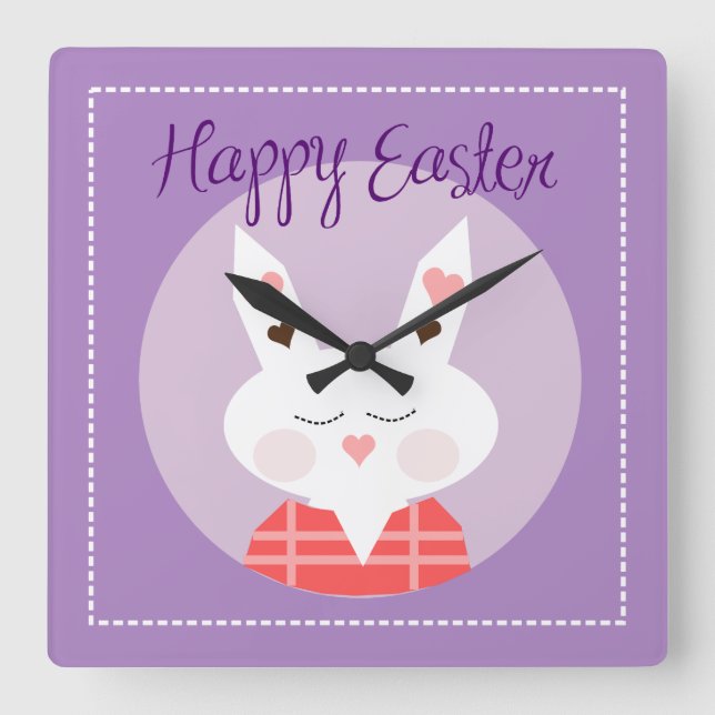 Happy Oaster Bunny Lila Quadratische Wanduhr (Vorderseite)