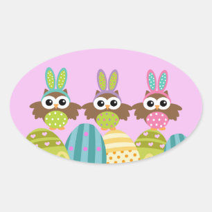 Happy Oaster Bunny Owls Ovaler Aufkleber
