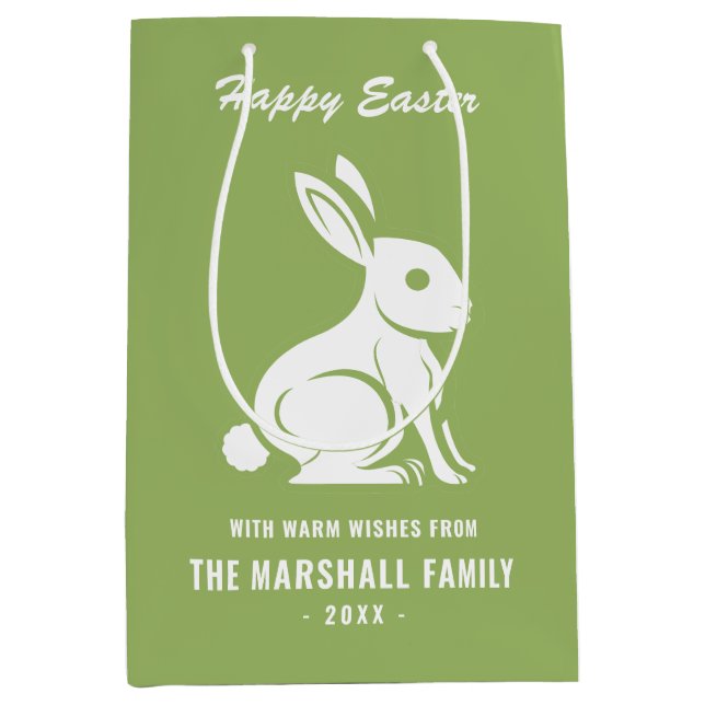 Happy Oaster Bunny Rabbit Familie Name Grün Weiß Mittlere Geschenktüte (Vorderseite)