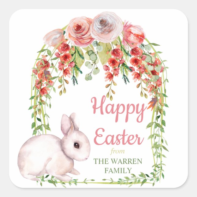 Happy Oaster Bunny Rabbit Floral Frame Quadratischer Aufkleber (Vorderseite)