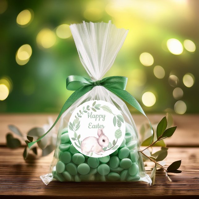 Happy Oaster Bunny Rabbit Sage Blumenreath Runder Aufkleber (Cute Easter Bunny and Sage Green Eucalyptus Wreath "Happy Easter" Classic Round Stickers)