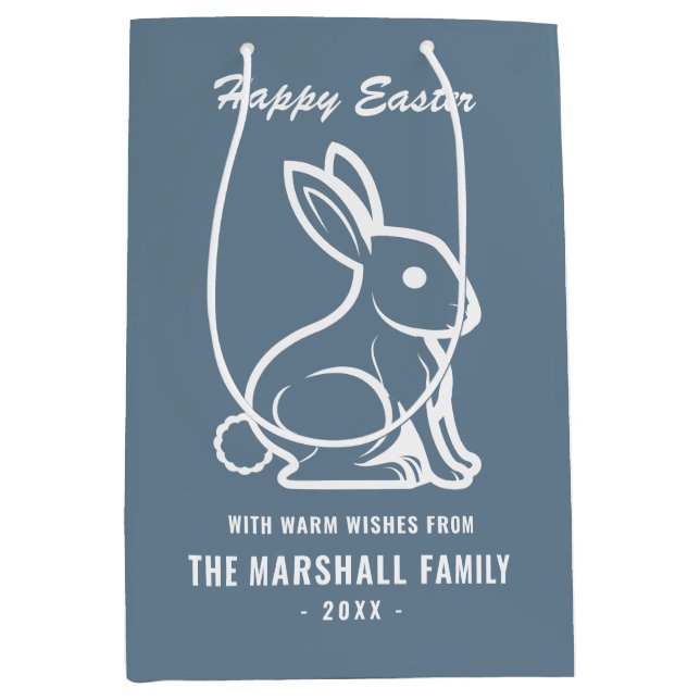 Happy Oaster Bunny Rabbit Slate Blue White Name Mittlere Geschenktüte (Vorderseite)