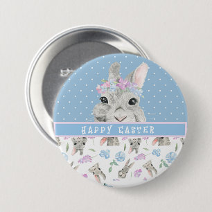 Happy Oaster Bunny Rabbits und Blue Polka Dots Button
