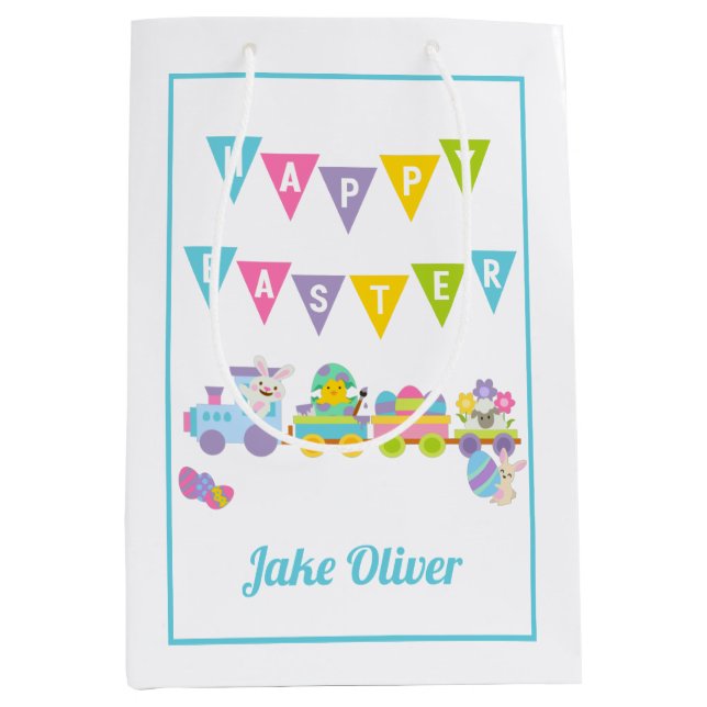 Happy Oaster Bunny Train Blue Medium Mittlere Geschenktüte (Vorderseite)
