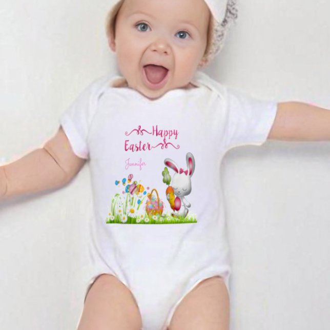 Happy Oaster Bunny und Eggs Baby Girl Personalisie Strampler (Von Creator hochgeladen)