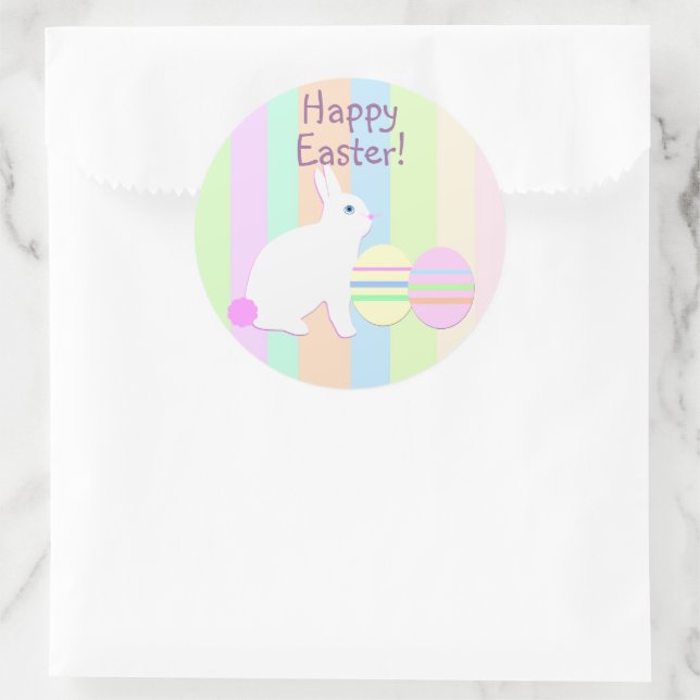 Happy Oaster Bunny und Eier auf Streifen Runder Aufkleber (Tasche)