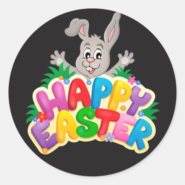 Happy Oaster Bunny und Text Runder Aufkleber (Vorderseite)