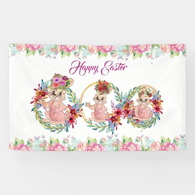 Happy Oaster Bunny Watercolor Blumenstrauß Banner (Horizontal)