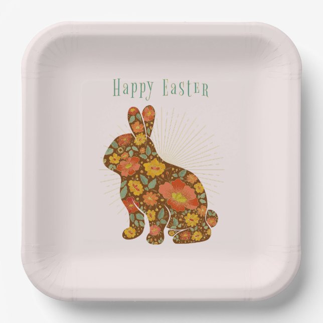 Happy Oaster Bunny Yellow Gold Glitzer Floral Pappteller (Vorderseite)