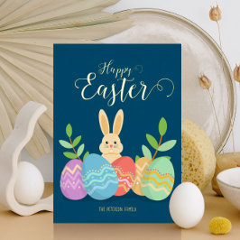 Happy Oaster | Cartoon Bunny & Eggs Gold Folien Feiertagskarte