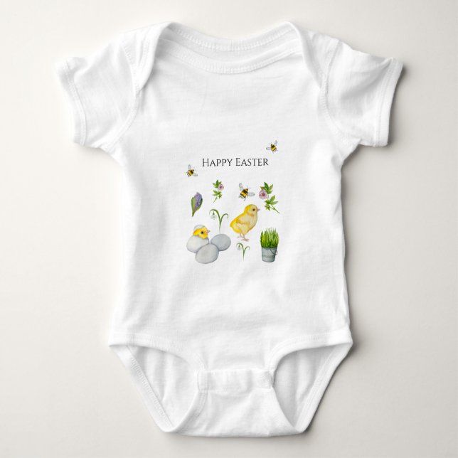 Happy Oaster chick und Frühlingsblumen Baby Strampler (Vorderseite)