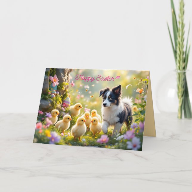 Happy Oaster Collie und Chicks Karte (Vorderseite)