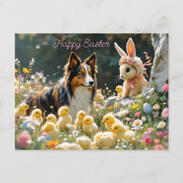 Happy Oaster Collie und Chicks Postkarte (Vorderseite)
