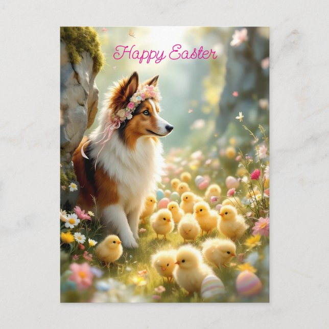Happy Oaster Collie und Chicks Postkarte (Vorderseite)
