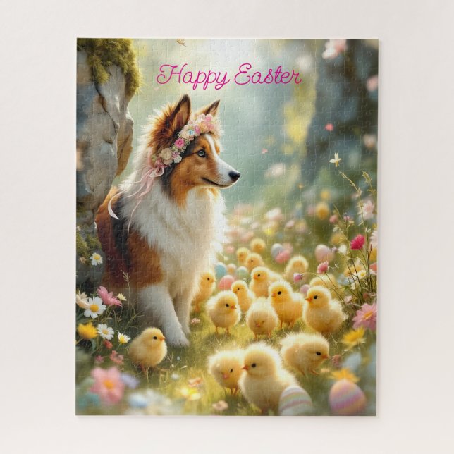 Happy Oaster Collie und Chicks Puzzle (Vertikal)